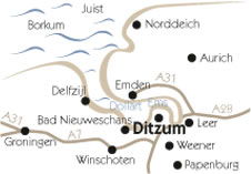 Lagekarte Ditzum zeigt die Umgebung unserer Ferienhäuser Umgebung Ditzumer Ferienhäuser